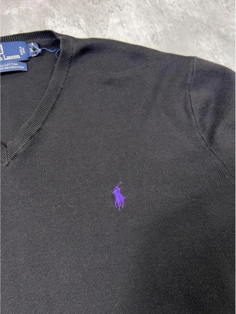 Polo Ralph Lauren Pima Cotton V-Neck Sweater Black Quiet Luxury Purple Pony